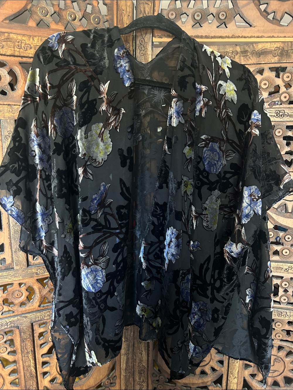Sheer Floral Velvet Burnout Kimono - Black with Blue & Green Flowers